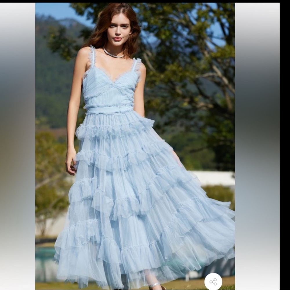 Dusty Blue Ruffle Maxi Bridesmaid Prom Dress